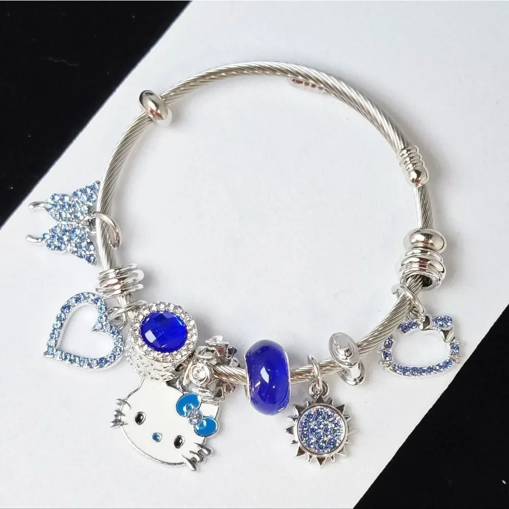 Hello Kitty Charm Bracelet Blue Rhinestone Silver Bangle Sanrio Kawaii Y2K Set